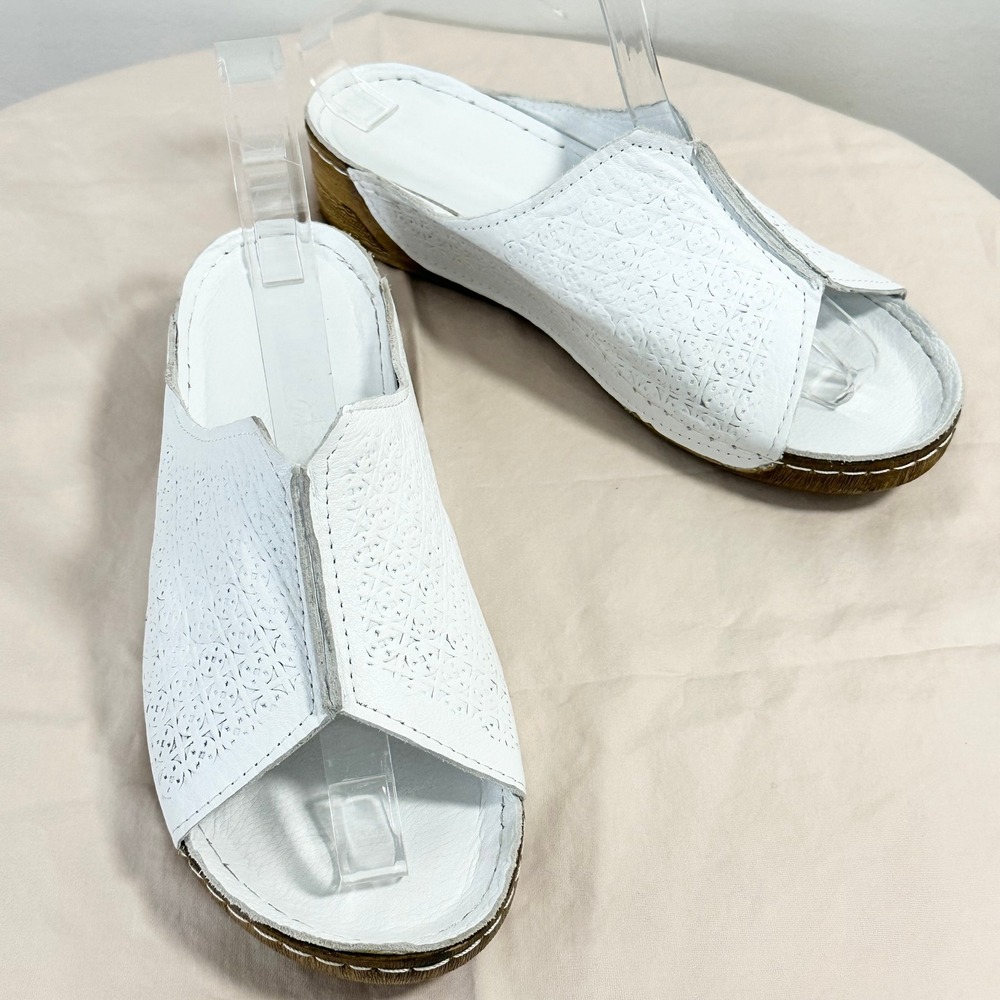 Andrea Conti White Leather Low Wedge Slide Sandals EU 39 US 8 Comfort Boho